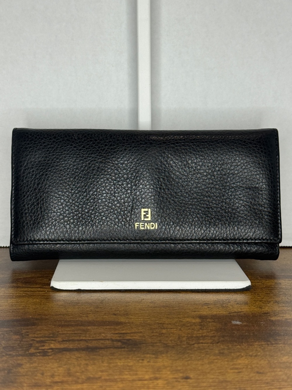 Fendi Black Pebbled Leather Long Wallet with Gold Logo